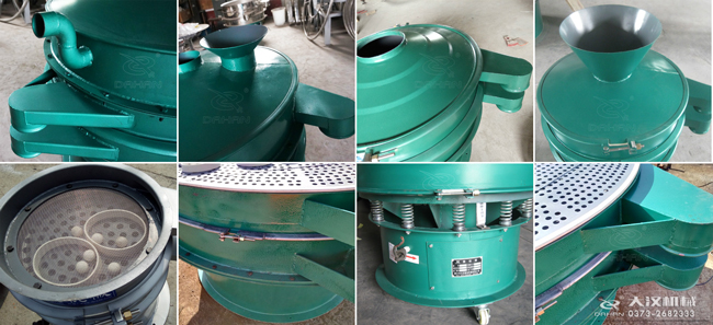 碳鋼振動(dòng)篩進(jìn)料口，出料口，篩框，篩網(wǎng)，彈跳球等細(xì)節(jié)展示