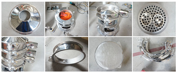 不銹鋼振動篩結(jié)構(gòu)展示：防塵蓋，出料口，閘門，篩網(wǎng)于彈跳球，底座，振動彈簧等。