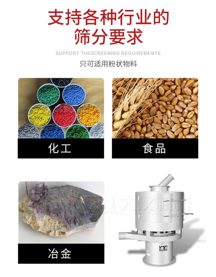 氣流篩用于礦粉，石墨粉，活性納米碳酸鈣，鋁灰，大豆粉，碳酸重鈣，石墨粉，木粉，干草，重金石粉，藥粉末，橡膠顆粒，草酸鹽，干料粉，木粉，聚酯粉，干粉，塑料，金屬粉末，橡膠粉，粉煤灰，石墨粉，陶瓷粉，鋅粉，石英粉，石灰粉，鐵粉，金屬硅粉等。