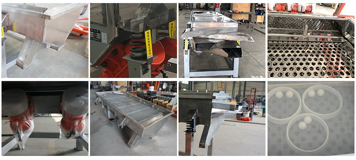 不銹鋼直線篩不同定制出料口，電機，篩網(wǎng)，篩箱，彈跳球等部件細節(jié)展示