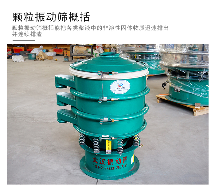 顆粒式振動篩是針對顆粒狀物料進行研發(fā)的，由于顆粒的形狀有很多的不同所以，廠家在清網(wǎng)裝置方面進行提升效率。