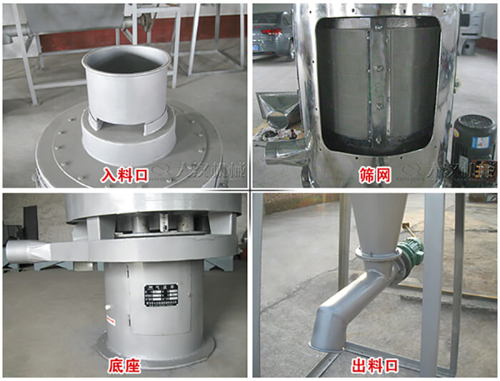 氣流篩部件展示：入料口，篩網(wǎng)，底座，出料口等。