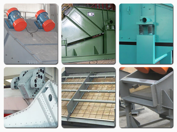 礦用振動(dòng)篩主要由激振器、篩體、篩網(wǎng)、減振裝置及座架等組成。篩箱由篩框、篩板、襯板等組成