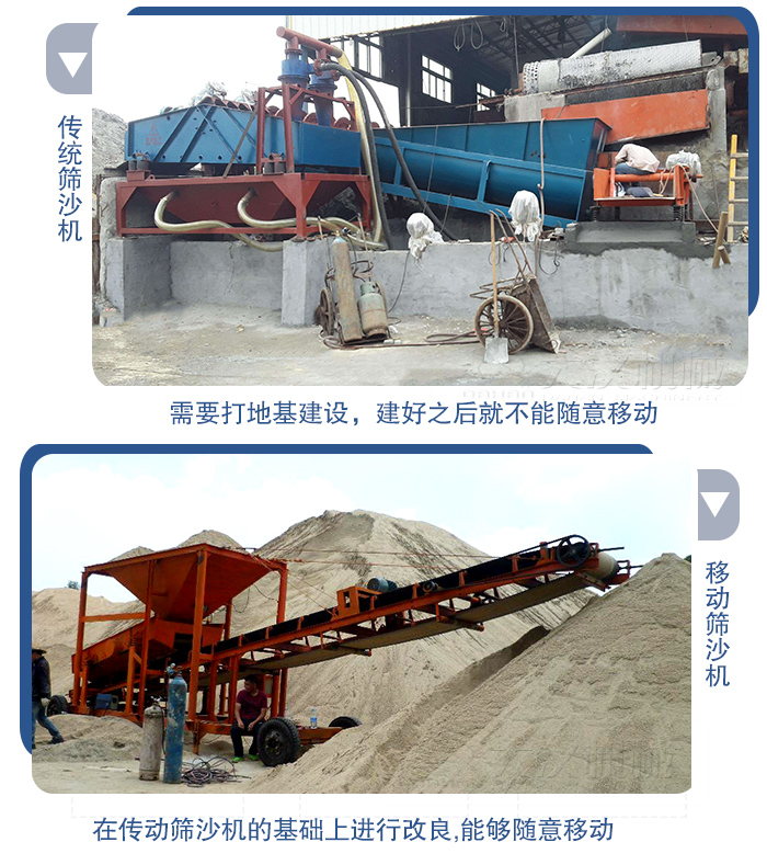 移動的篩沙機(jī)在安裝前需要打地基，而固定完畢后就不能隨意的移動，而移動篩沙機(jī)不需要打地并且隨時能夠進(jìn)行移動。