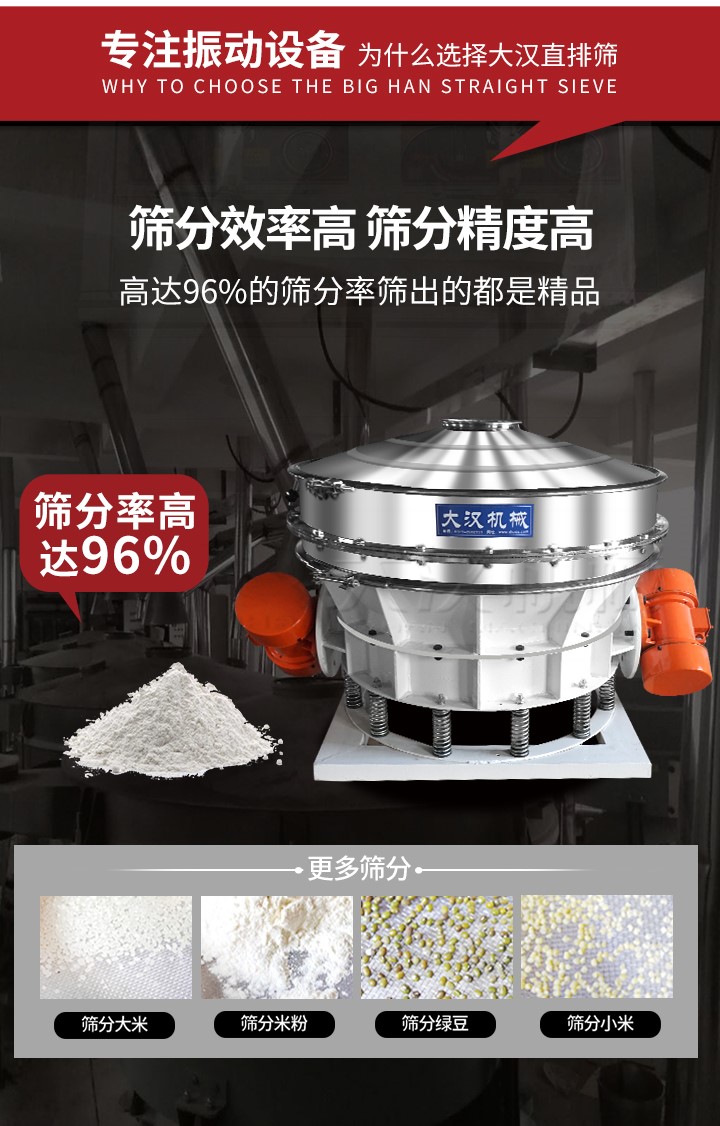 直排篩適用物料有面粉，淀粉，洗衣粉，金屬粉，添加劑，化工，非礦等行業(yè)。