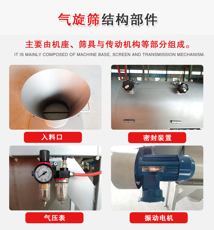 氣旋篩結(jié)構(gòu)：入料口，密封裝置，電機(jī)，氣壓表等